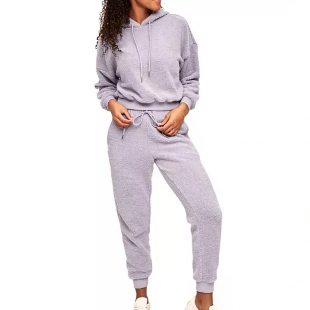 Adore Me Dorethea Lavender Sherpa Hoodie and Jogger Loungewear Set.